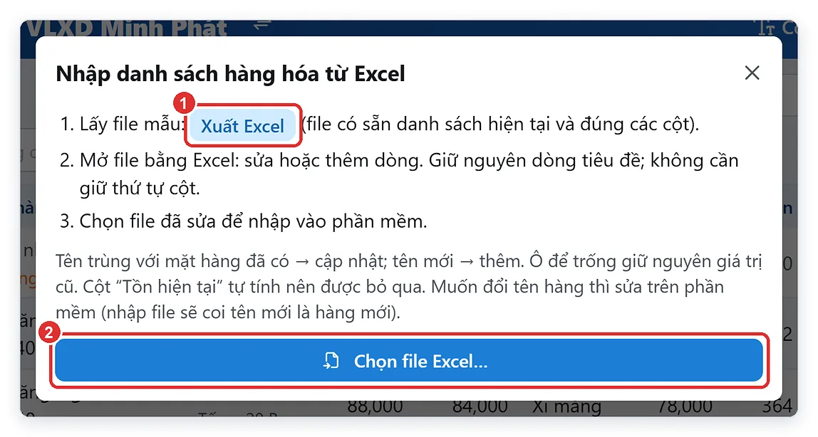 Hộp nhập danh sách hàng hóa từ Excel với nút lấy file mẫu