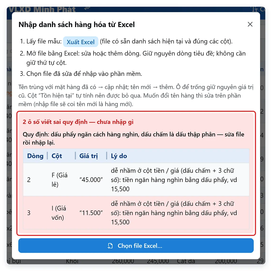 Báo lỗi ô số viết sai quy định khi nhập file Excel