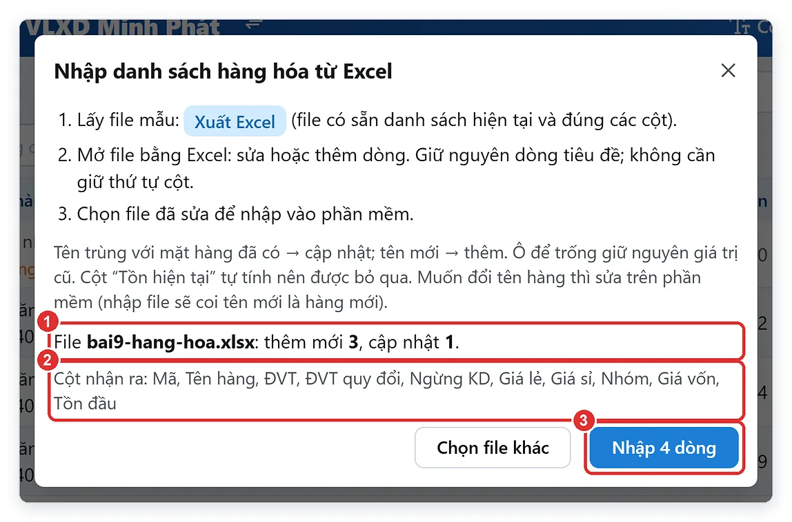 Xem trước khi nhập hàng hóa từ Excel: số dòng thêm mới, cập nhật