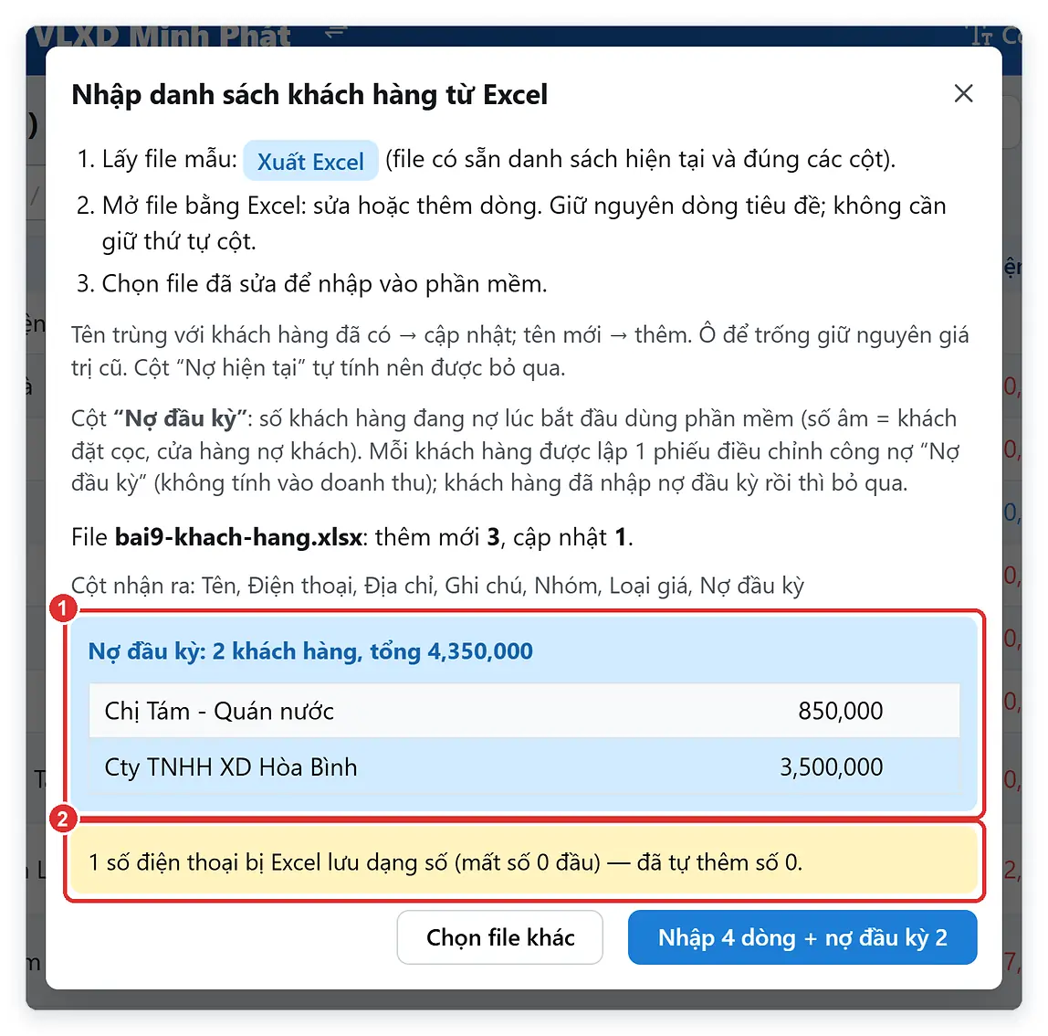 Nhập khách hàng từ Excel kèm nợ đầu kỳ: phần xem trước