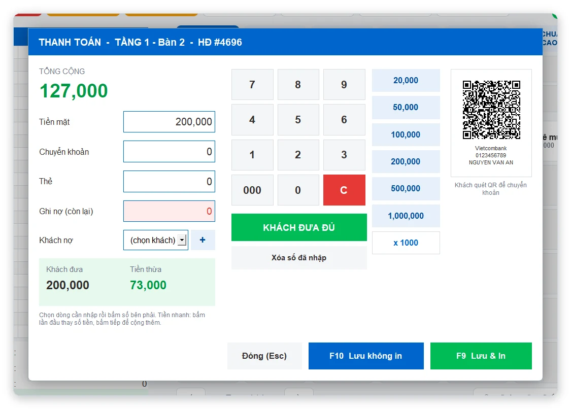 Thanh toán tiền mặt và chuyển khoản QR trên phần mềm TPSoft