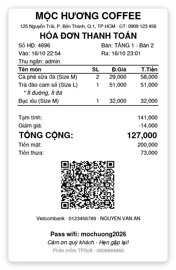 Mẫu hóa đơn bán hàng quán cafe in máy in nhiệt 80mm
