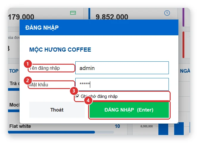 Hộp đăng nhập phần mềm bán hàng quán cafe TPSoft