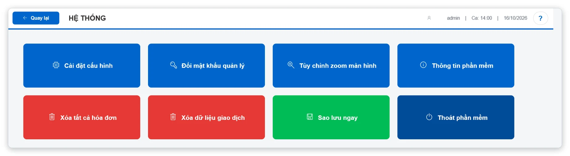 Menu Hệ thống phần mềm bán hàng cafe