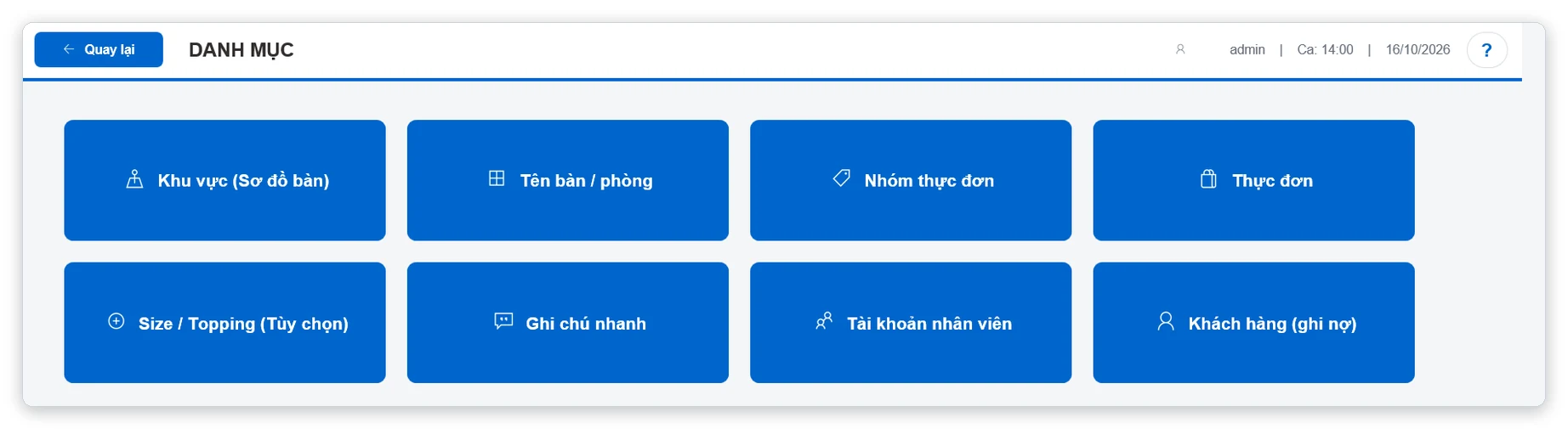 Menu Danh mục phần mềm tính tiền quán cafe