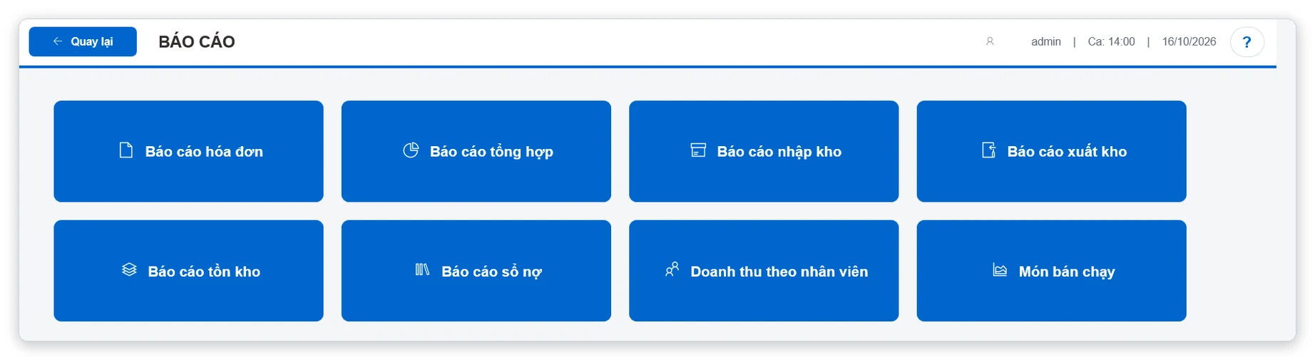 Menu Báo cáo phần mềm bán hàng cafe