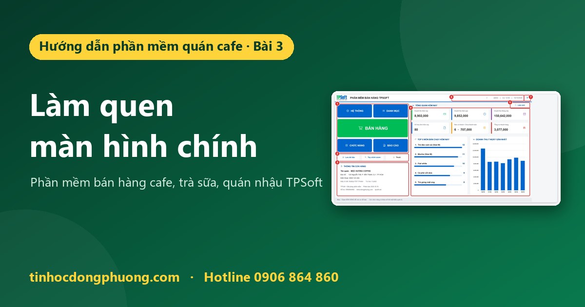 Làm quen màn hình chính phần mềm quán cafe TPSoft: 5 nút menu, bảng số liệu
