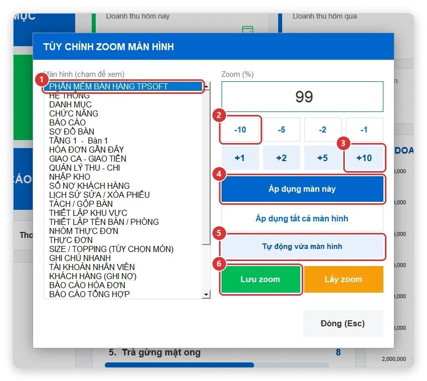 Hộp tùy chỉnh zoom màn hình phần mềm TPSoft