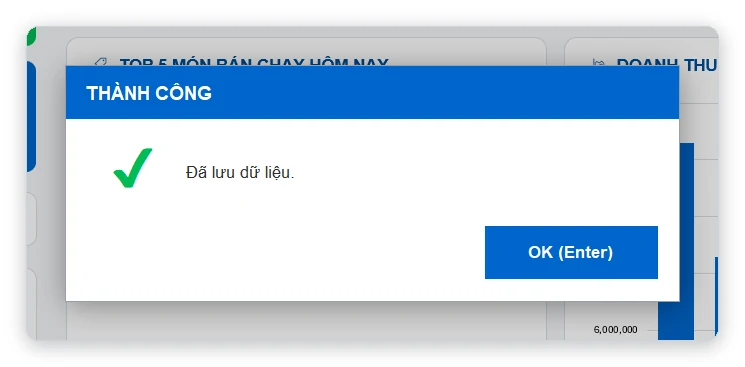 Thông báo đã lưu dữ liệu phần mềm bán hàng