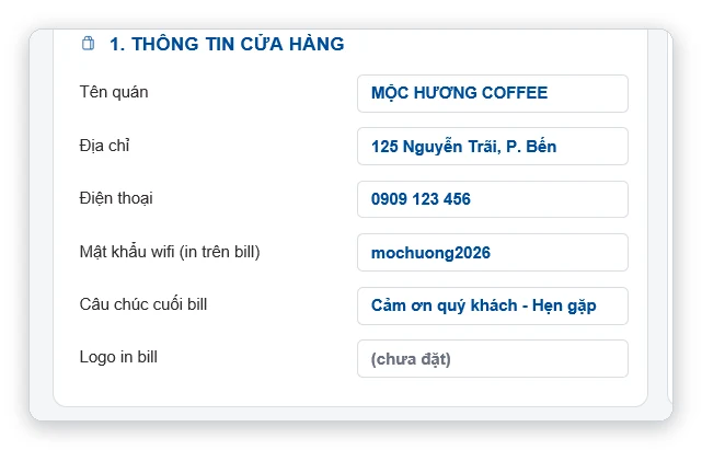 Nhập thông tin quán in trên bill
