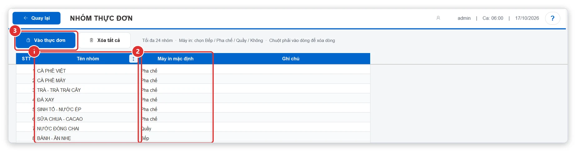 Máy in mặc định của nhóm thực đơn