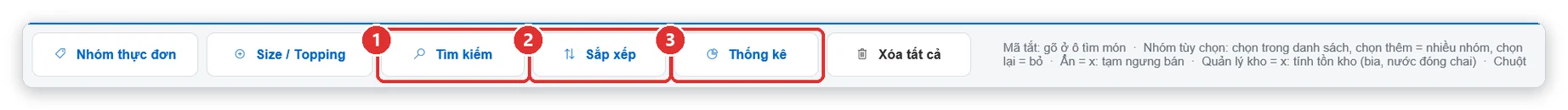 Nút tìm kiếm sắp xếp thống kê thực đơn