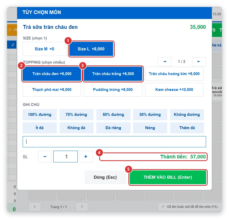 Chọn size topping khi bán trà sữa