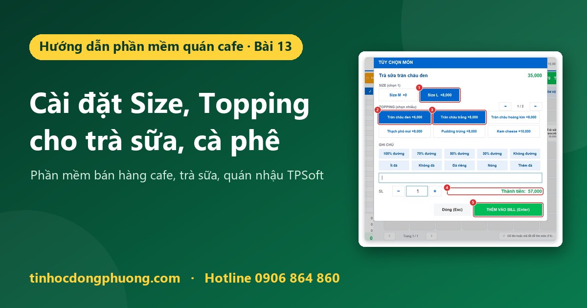 Cài đặt Size và Topping cho trà sữa, cà phê trên phần mềm TPSoft