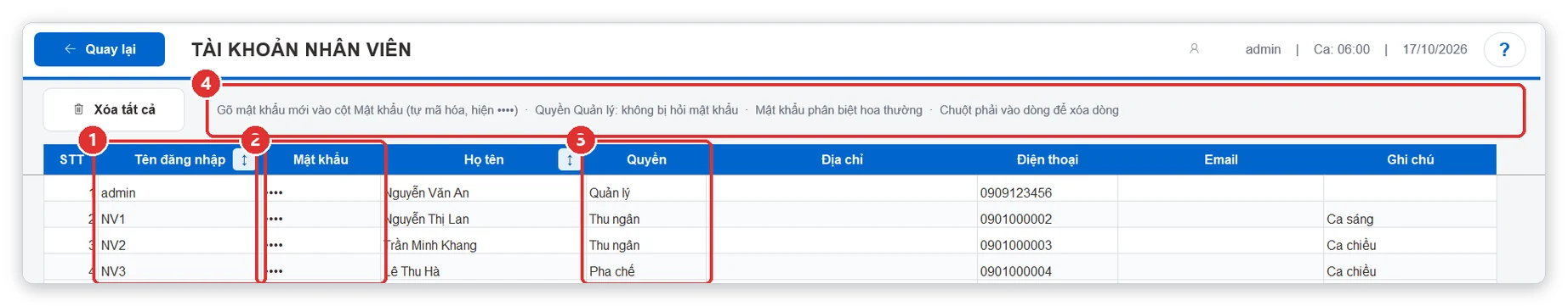 Bảng tài khoản nhân viên phần mềm quán cafe