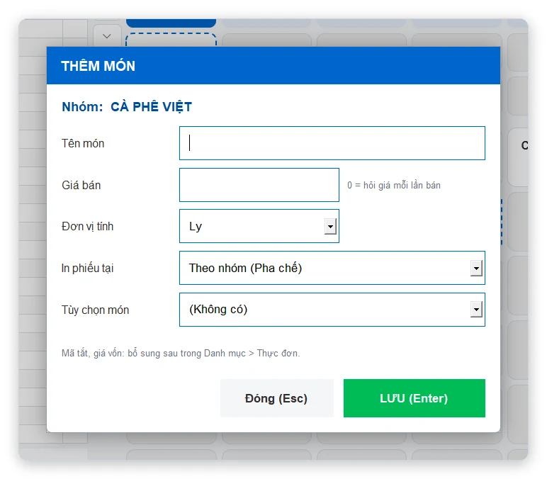 Hộp thêm món nhanh khi đang bán