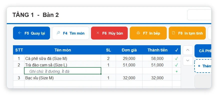 Ghi chú món trong bill