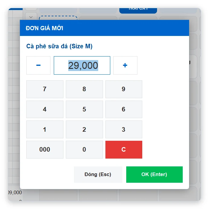 Sửa đơn giá món khi bán