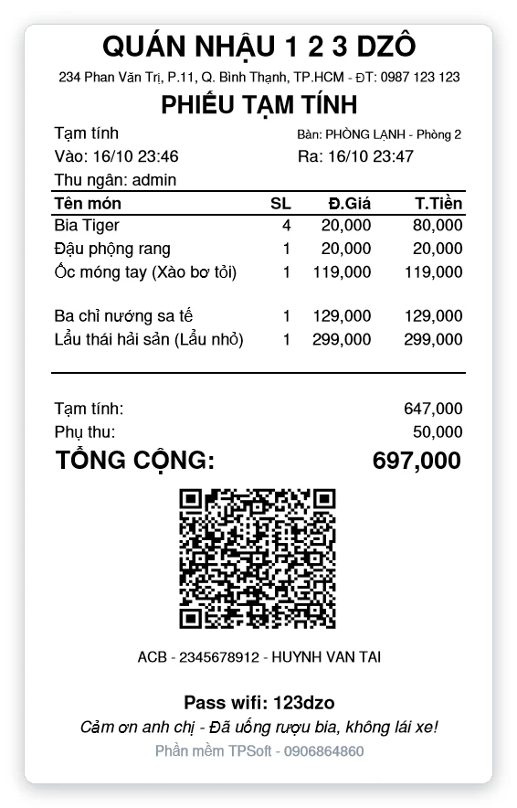 Phiếu tạm tính có mã QR chuyển khoản
