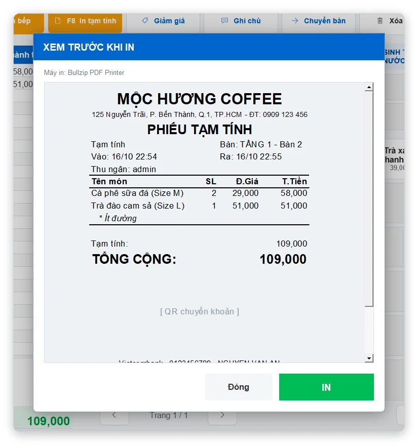 Xem trước khi in phiếu tạm tính