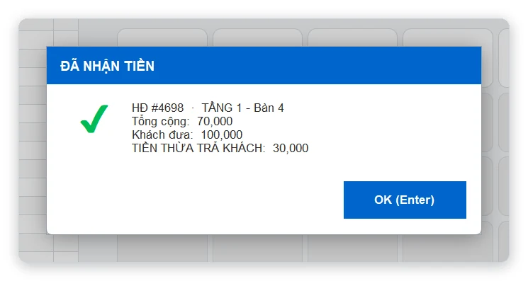 Thông báo đã nhận tiền sau khi thanh toán