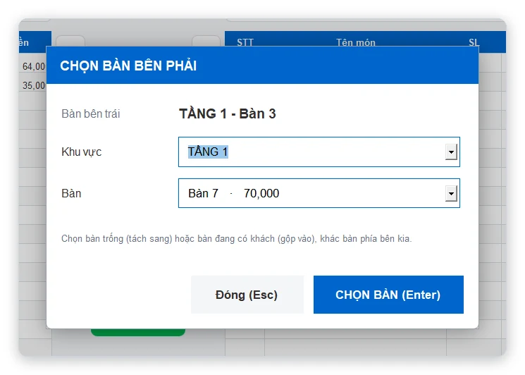 Chọn bàn để tách bill