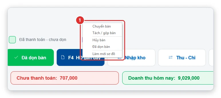 Menu chuột phải trên sơ đồ bàn