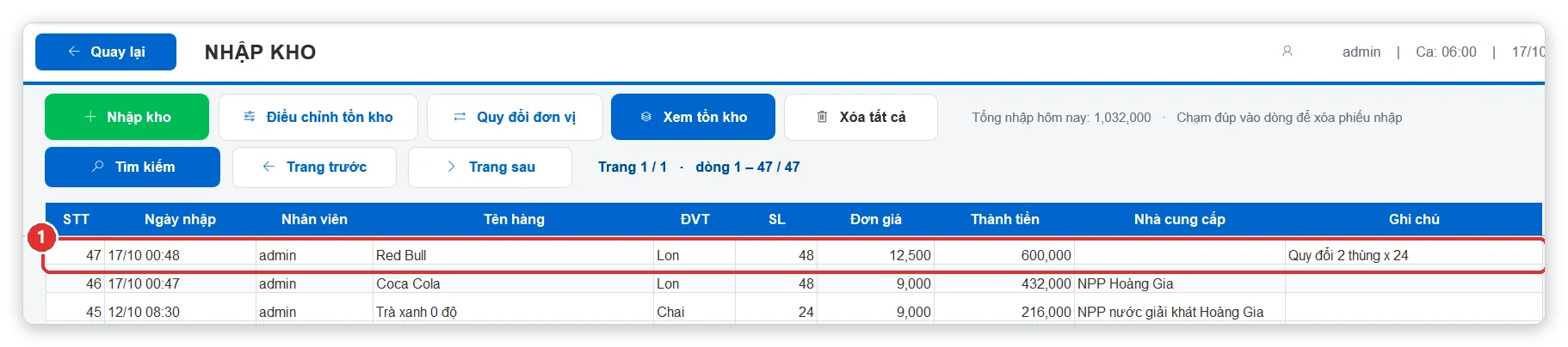 Phiếu nhập kho quy đổi thùng ra lon