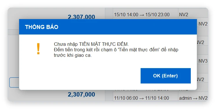 Chưa nhập tiền thực đếm