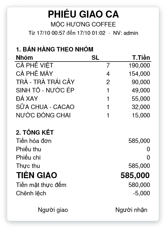 Phiếu giao ca in ra máy in nhiệt