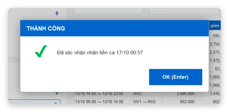 Đã nhận tiền giao ca