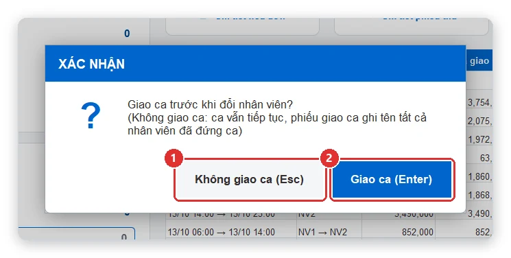 Hỏi giao ca trước khi đổi nhân viên