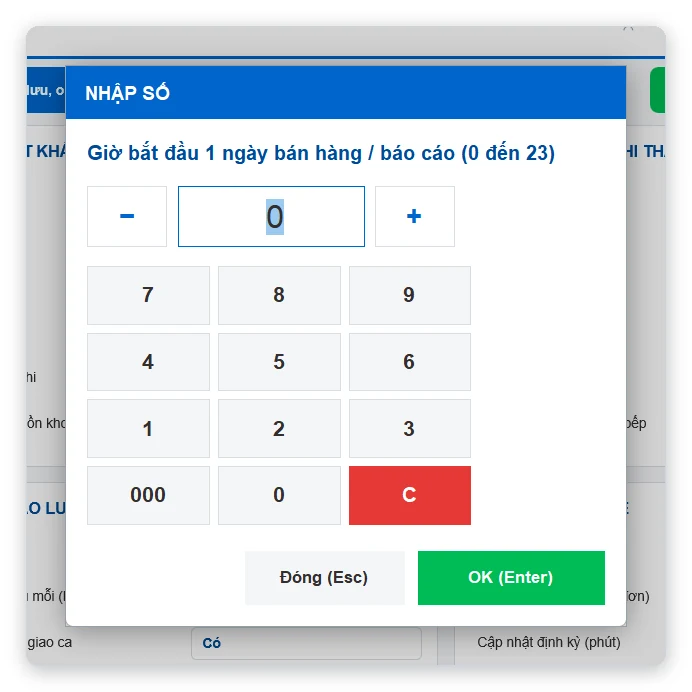 Nhập giờ bắt đầu ngày bán hàng