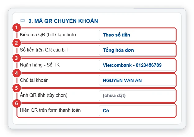 Cài đặt mã QR chuyển khoản