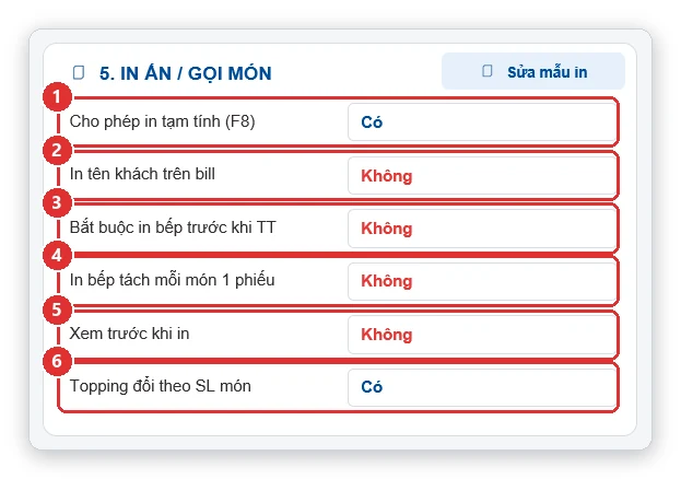Cài đặt in ấn gọi món