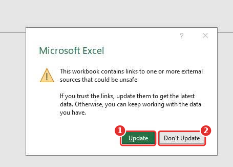 Hộp thoại cảnh báo liên kết ngoài trong Excel: This workbook contains links to one or more external sources that could be unsafe
