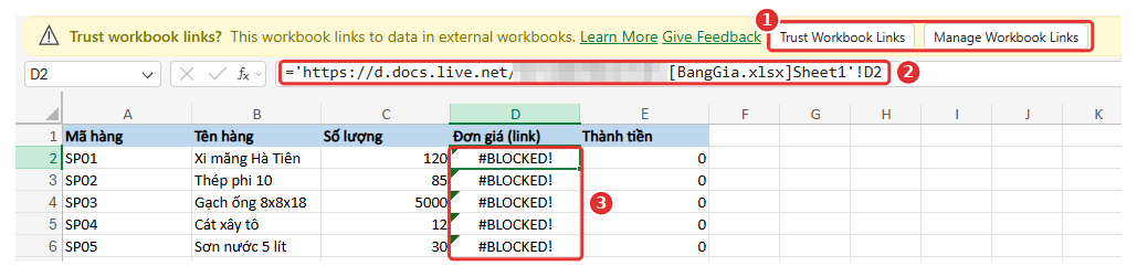 Liên kết ngoài trong Excel bị chặn: thanh Trust workbook links và lỗi #BLOCKED!