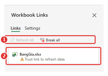 Khung Workbook Links liệt kê liên kết ngoài trong Excel