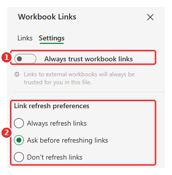 Tắt thông báo Update Links trong Workbook Links - Settings