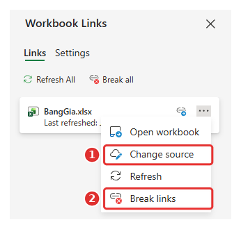 Change source và Break links - đổi nguồn, xóa liên kết trong Excel
