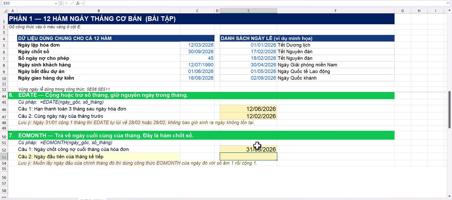 Ví dụ hàm EDATE và EOMONTH trong Excel tính hạn thanh toán và ngày chốt sổ cuối tháng