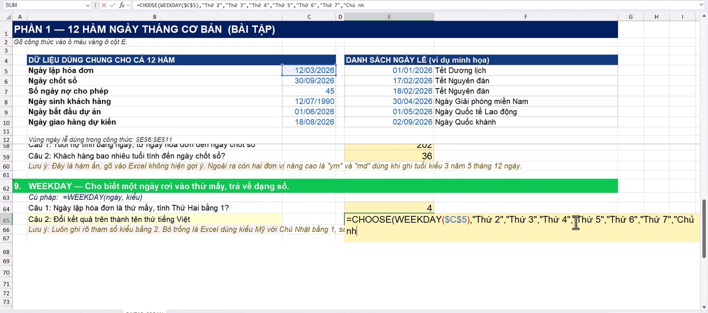 Hàm WEEKDAY kết hợp CHOOSE để đổi số thứ thành tên thứ tiếng Việt trong Excel