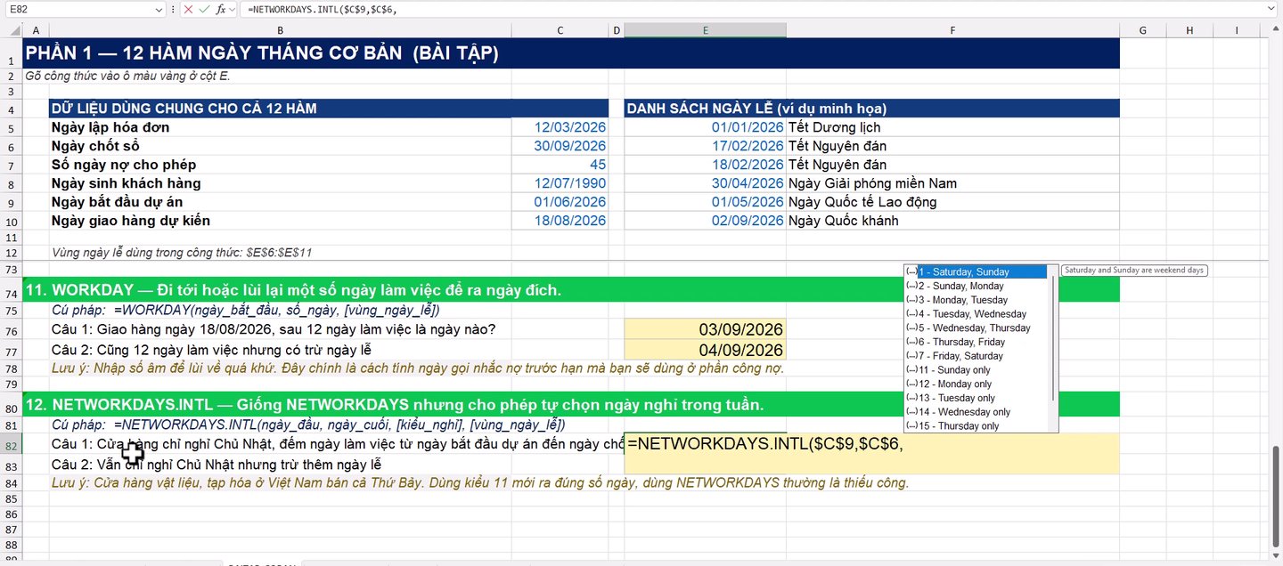 Hàm WORKDAY và NETWORKDAYS.INTL trong Excel với danh sách kiểu ngày nghỉ