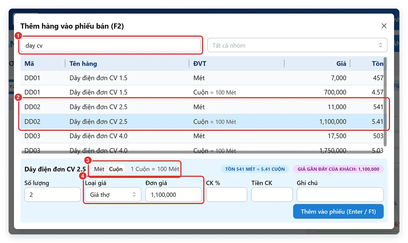 Phần mềm bán hàng điện nước online: tìm hàng không dấu, bán dây điện theo mét hoặc cuộn