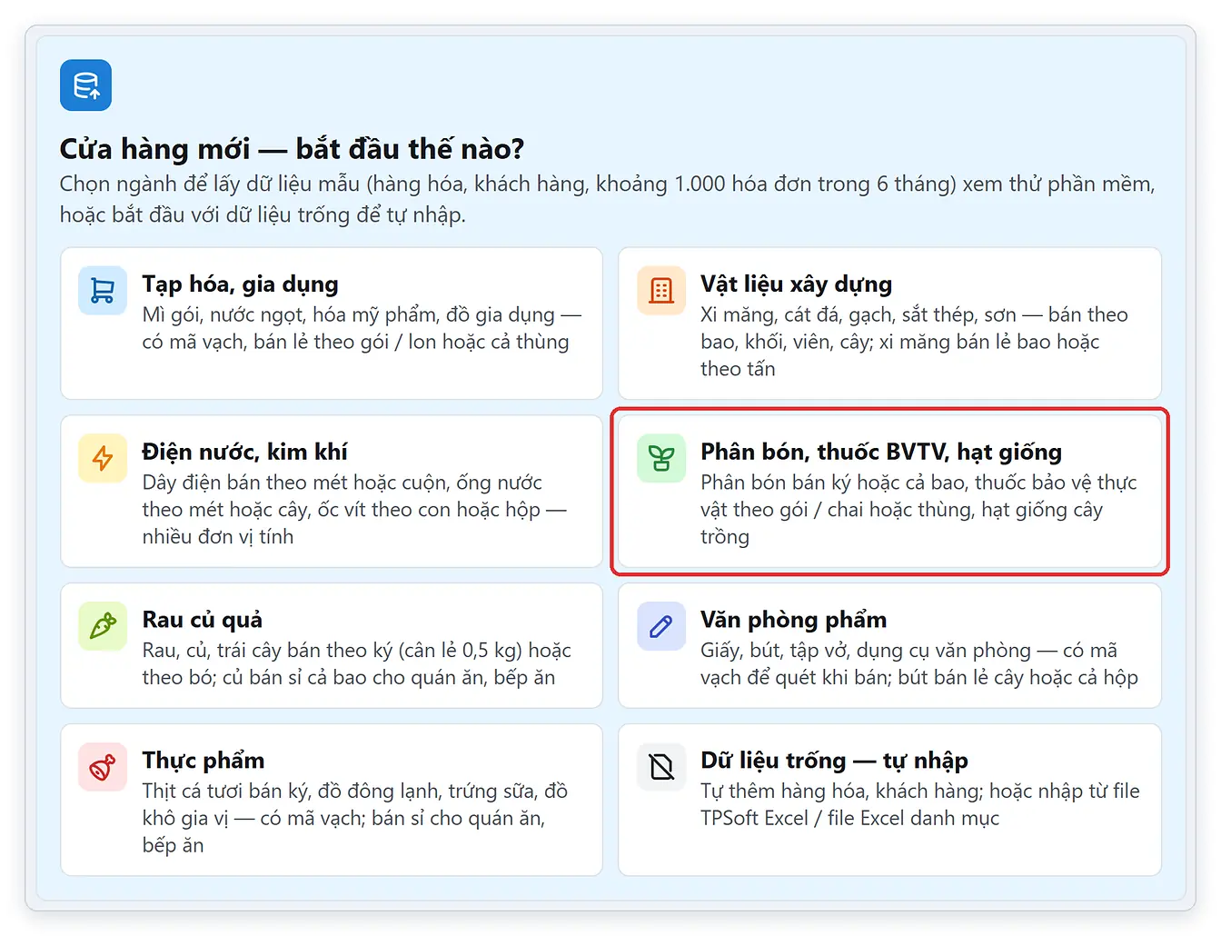 Lấy dữ liệu mẫu ngành phân bón, thuốc BVTV, hạt giống trên TPSoft Web