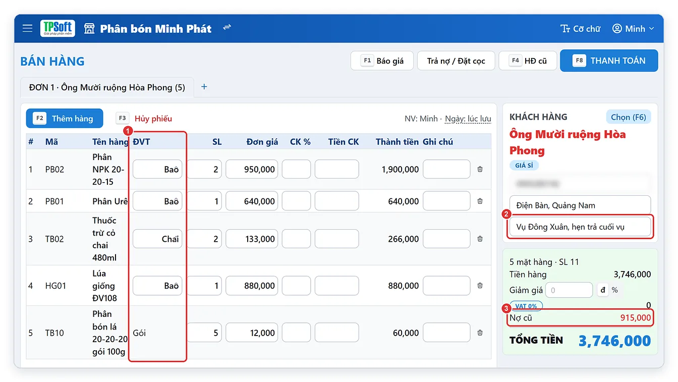 Phần mềm bán phân bón online: hóa đơn bán phân bón, thuốc BVTV, lúa giống ghi nợ theo vụ