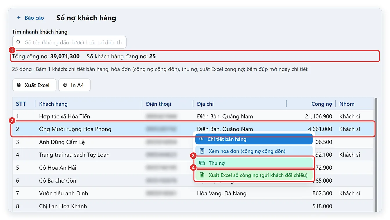 Sổ nợ khách hàng của đại lý phân bón: thu nợ và xuất Excel gửi bà con