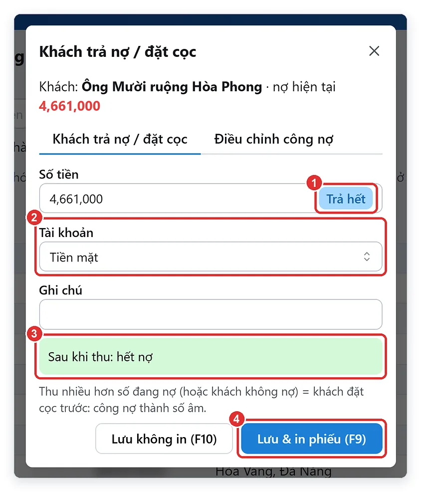 Thu nợ cuối vụ cho bà con bằng nút Trả hết trên phần mềm bán phân bón