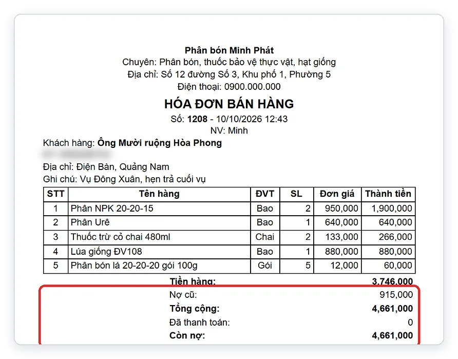 Hóa đơn bán phân bón in nợ cũ và còn nợ cho bà con nông dân