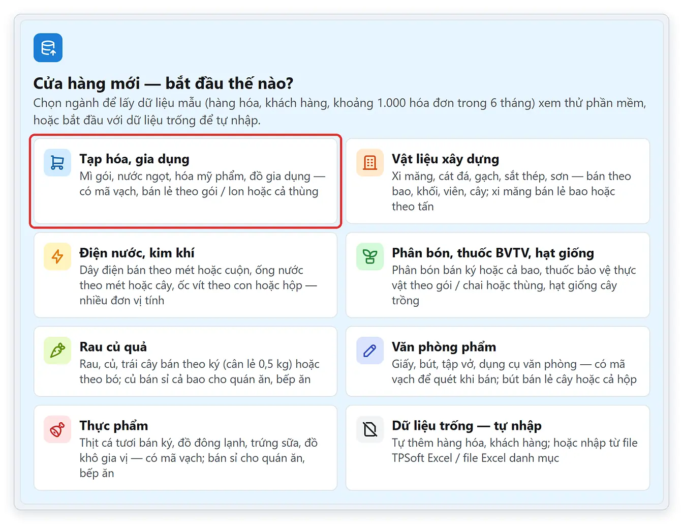 Lấy dữ liệu mẫu ngành tạp hóa, gia dụng trên phần mềm TPSoft Web